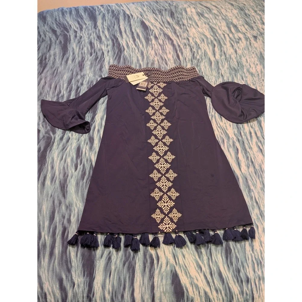CABANA LIFE Women's Dress Beach Cover up XS Off the shoulder Tassel Navy NEW